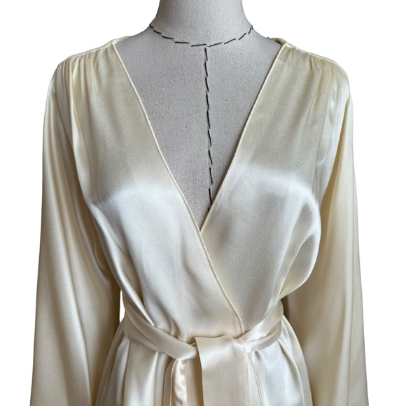 Vintage 70s Cream Satin Lace Wrap Top Blouse Jacket Boho Lingerie Bell Sleeves - Picture 2 of 13